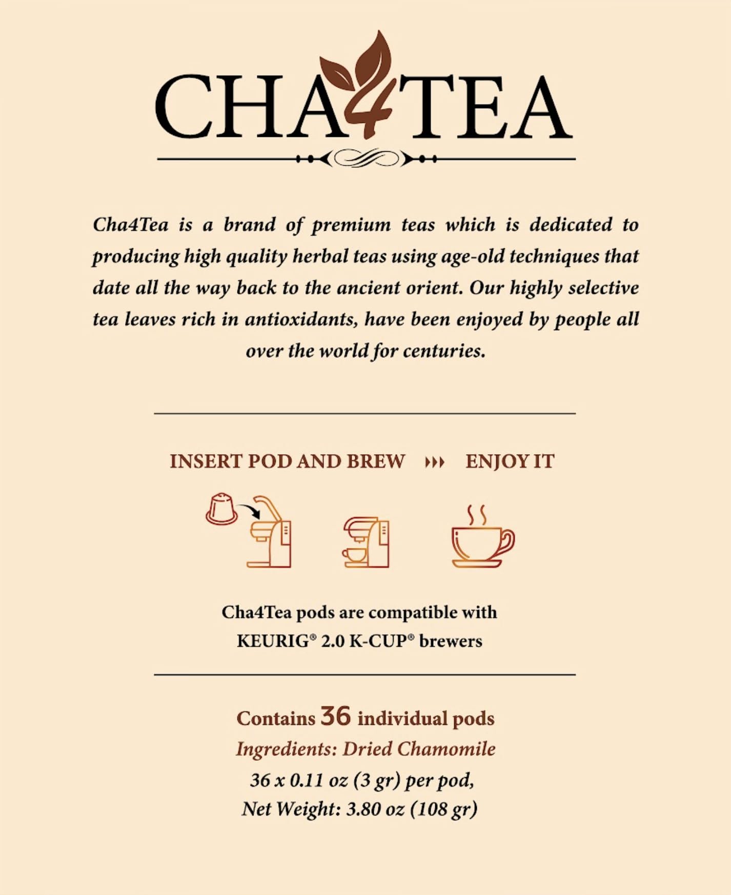 Cha4TEA pod placed in a Keurig brewer demonstrating compatibility and quick brewing