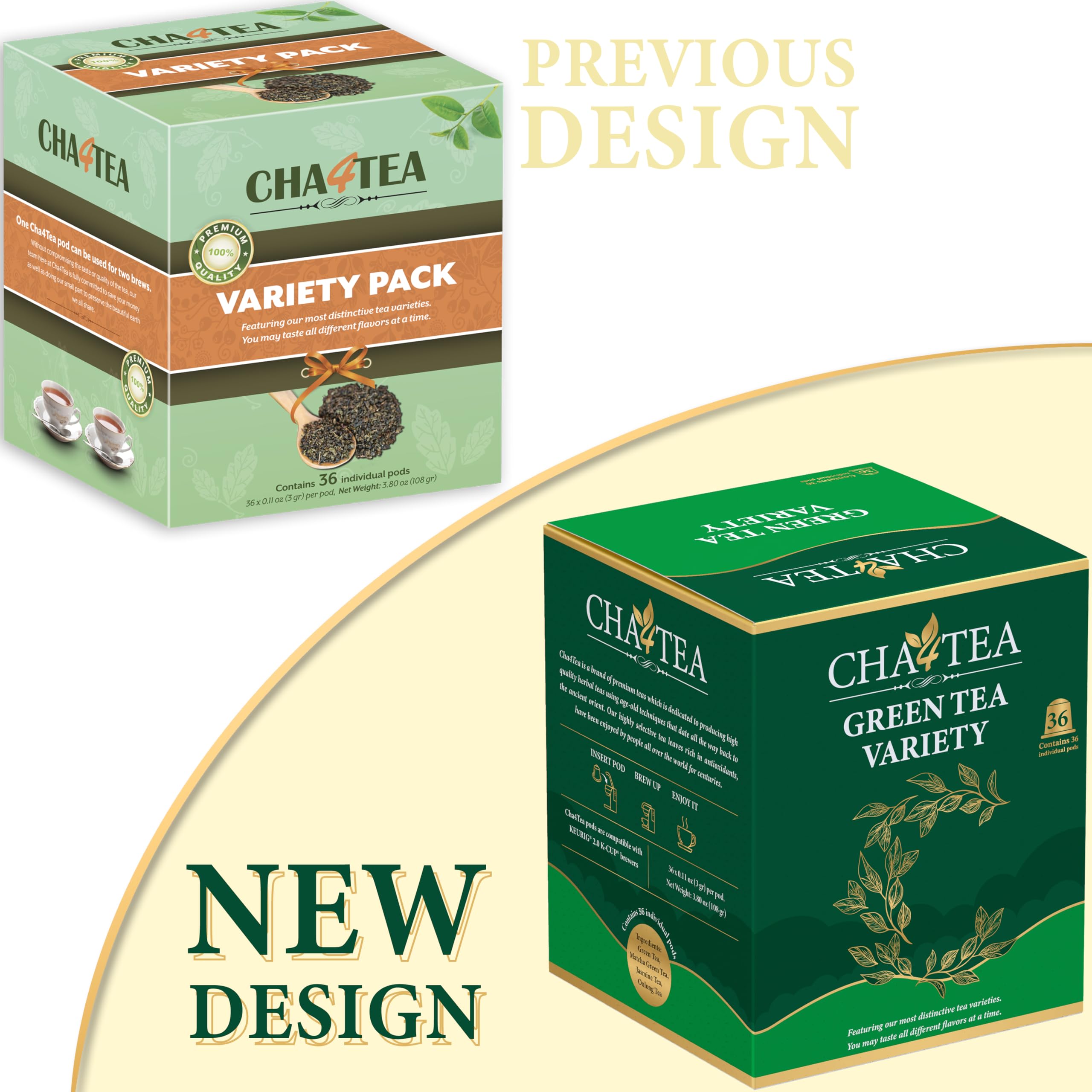 Cha4TEA pods displayed in box highlighting variety benefit