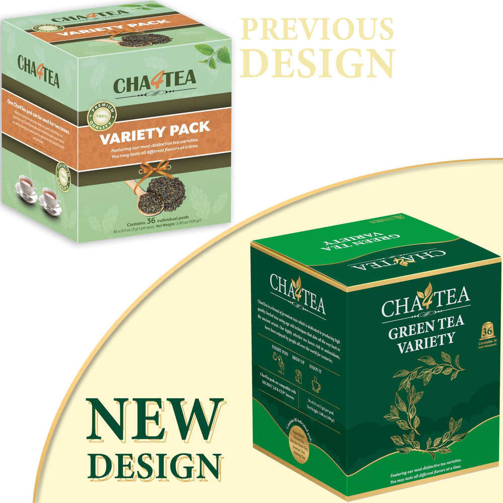 Cha4TEA pods displayed in box highlighting variety benefit