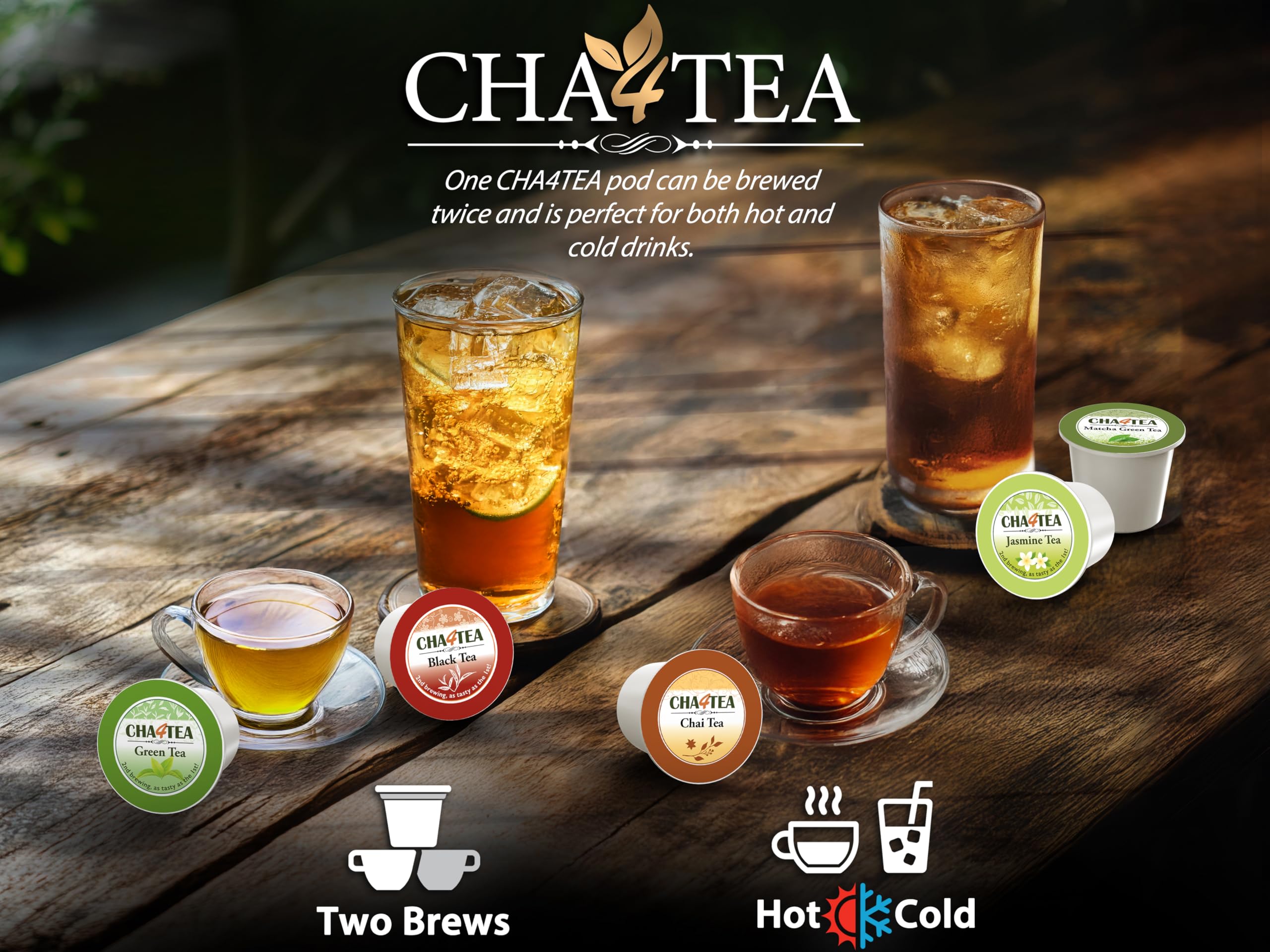 Cha4TEA pod beside a 16oz cup for scale illustrating serving size