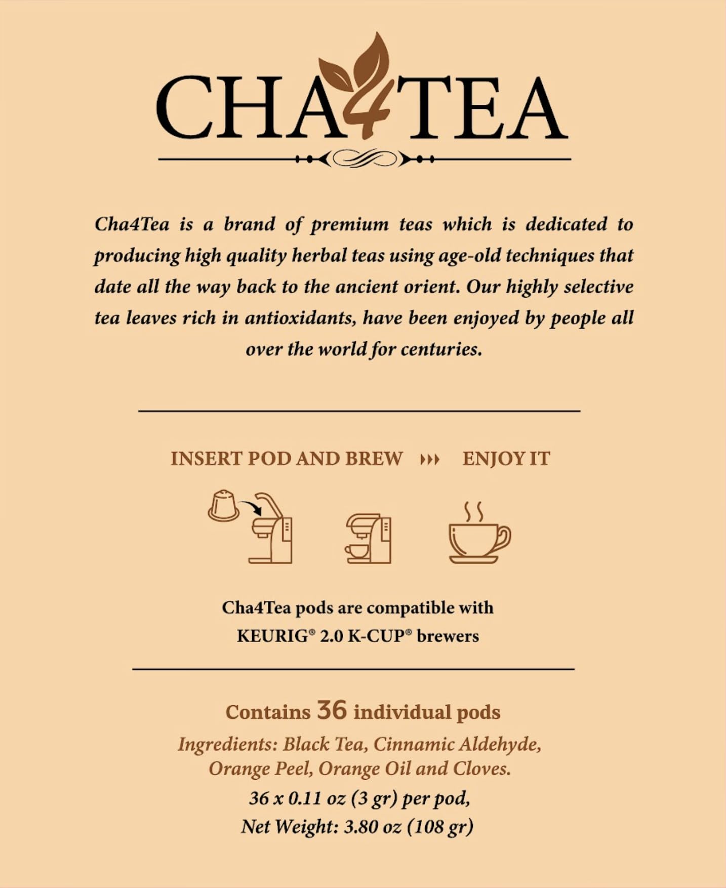 Cha4TEA steaming cup poured from pod showcasing warm cinnamon orange aroma and comfort