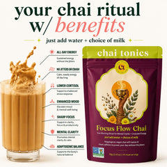 Chai Tonics spoonful of powder texture highlighting smooth blend and easy mixing