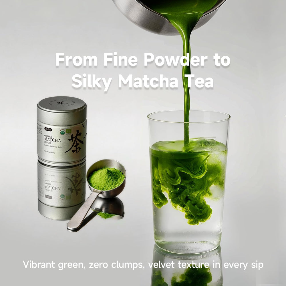 Chaism matcha powder texture close-up showing vibrant green color and purity