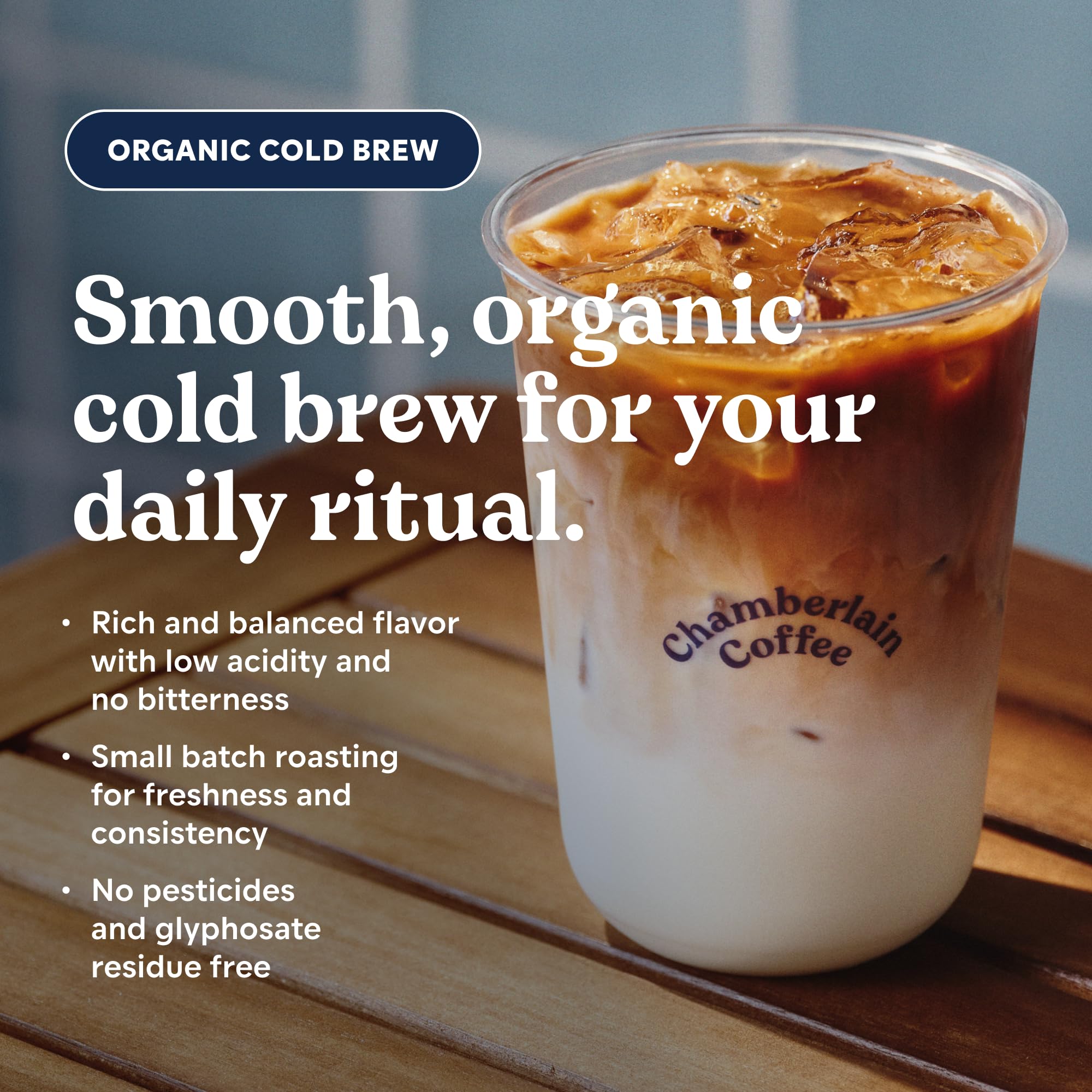 Chamberlain Coffee cold brew poured into glass showcasing ready-to-drink refreshment