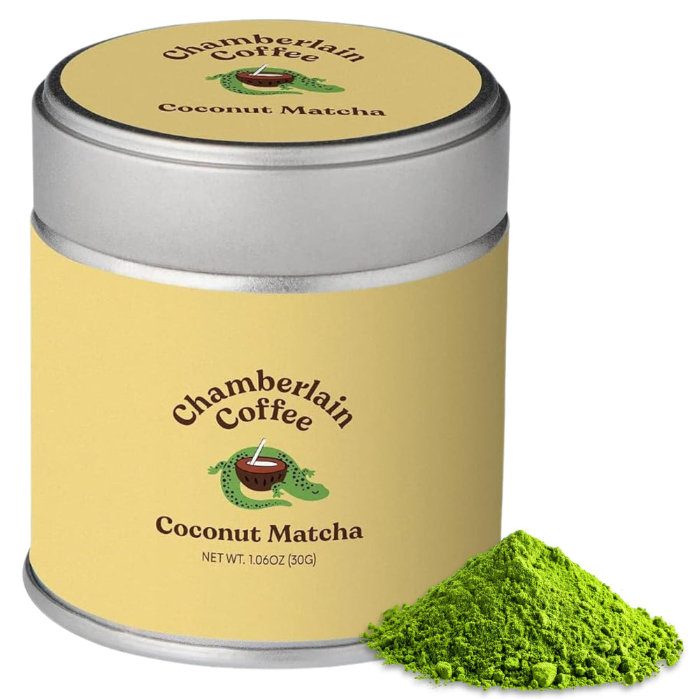 Chamberlain Coffee tin front view showing limited edition coconut matcha branding and compact size