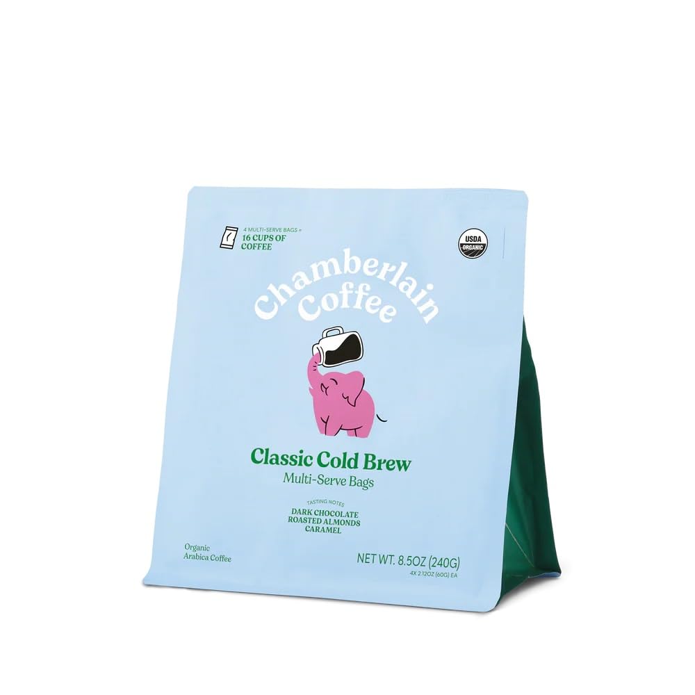 Chamberlain Coffee front packaging showing organic medium roast and convenience
