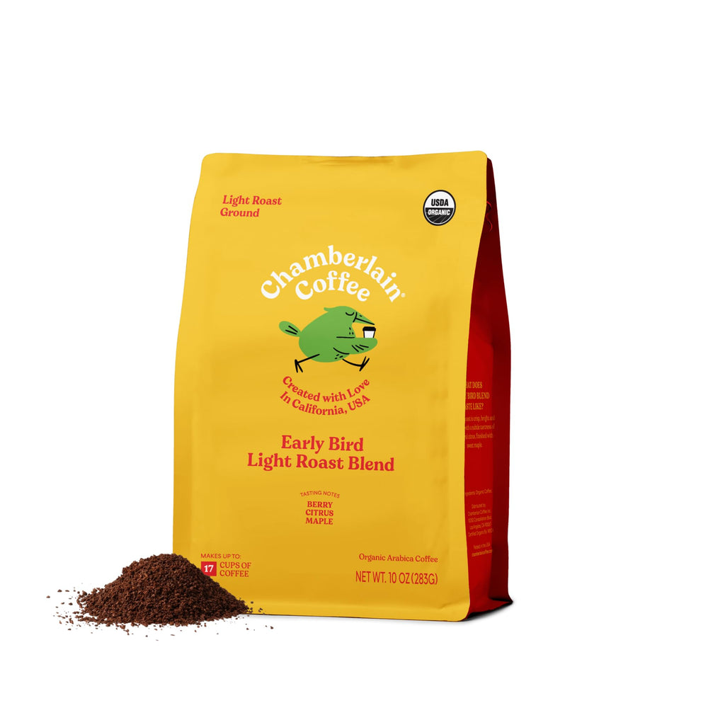 Chamberlain Coffee front packaging showing 10 oz bag and organic badge, promotes freshness