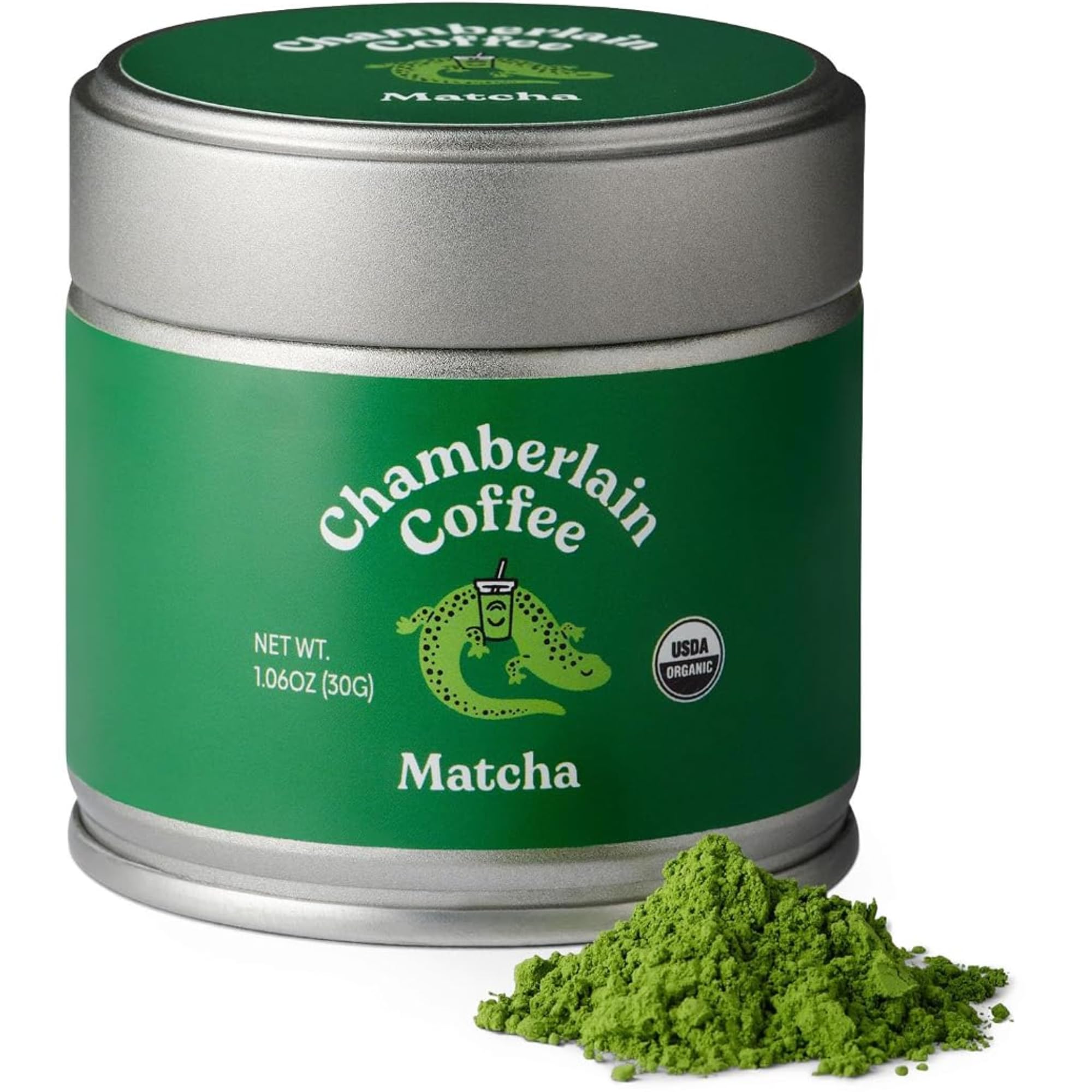 Chamberlain Coffee tin front view showing organic matcha branding and freshness