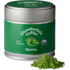Chamberlain Coffee tin front view showing organic matcha branding and freshness