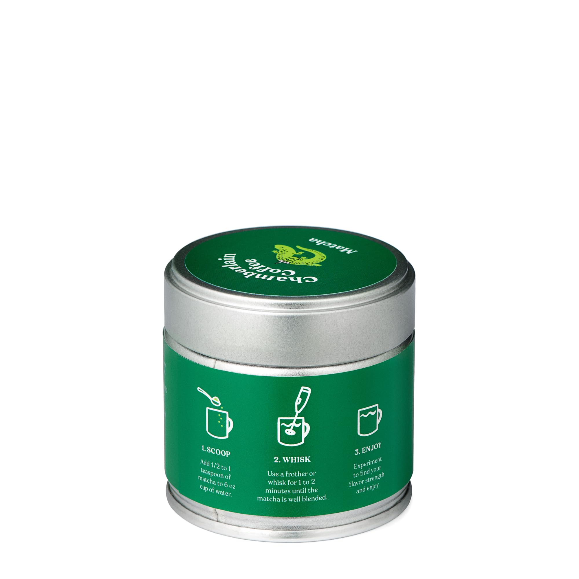 Chamberlain Coffee open tin revealing vibrant green matcha powder for easy use