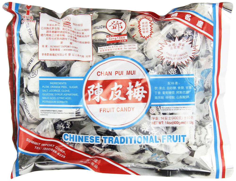 Chan Pui Mui front packaging showing 14 oz bag and fresh fruit flavors