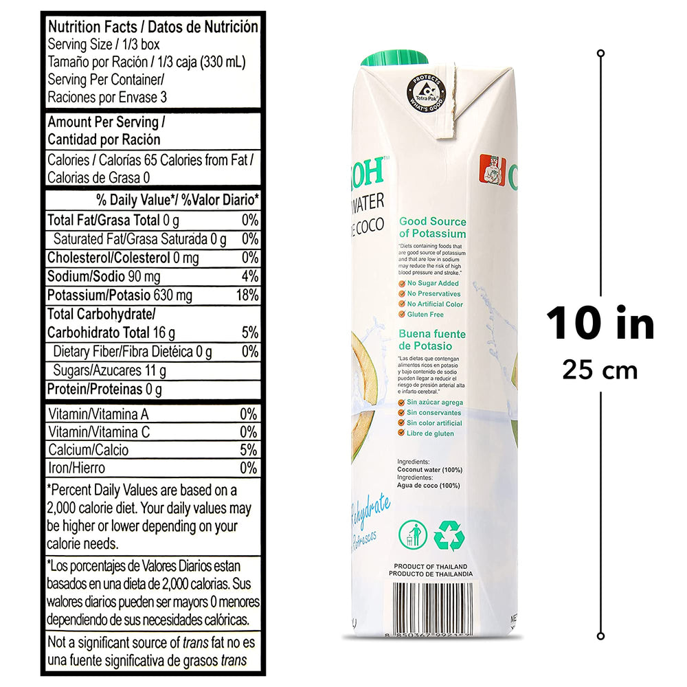 Chaokoh bottle beside coconut to show size and natural source comparison benefit