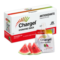Chargel pouch front view showing watermelon branding and vitamins A C E