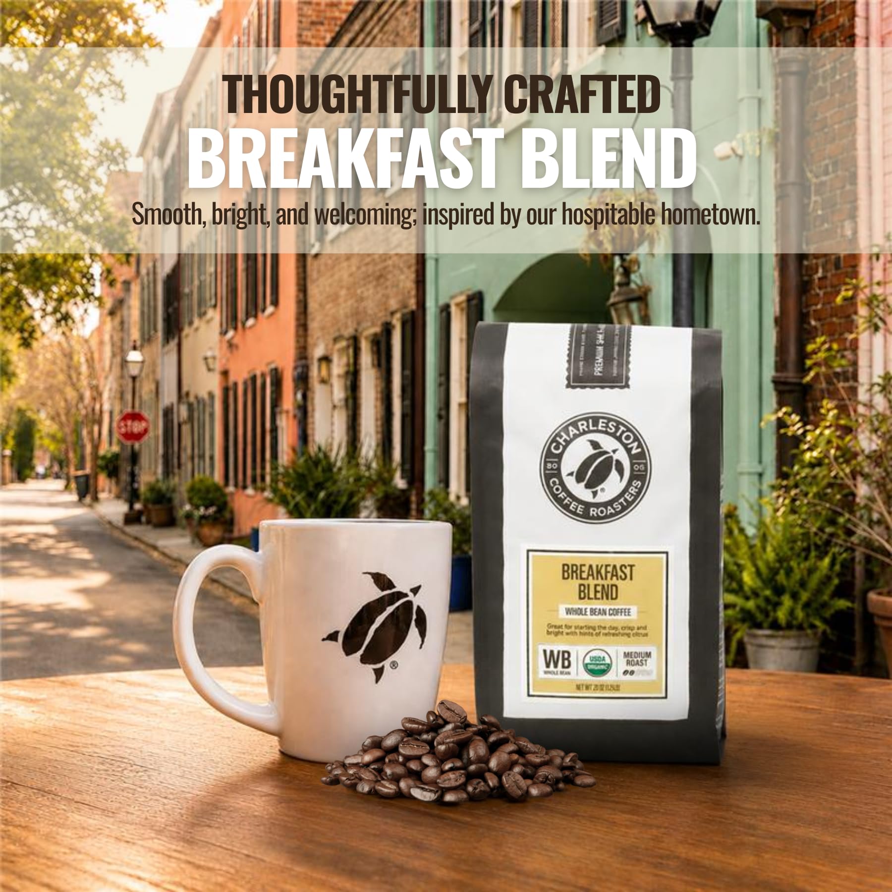 Charleston Coffee Roasters 28oz bag beside a measuring scale showing quantity
