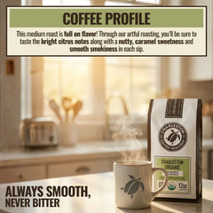 Charleston Coffee Roasters label detail showing organic certification and roast info