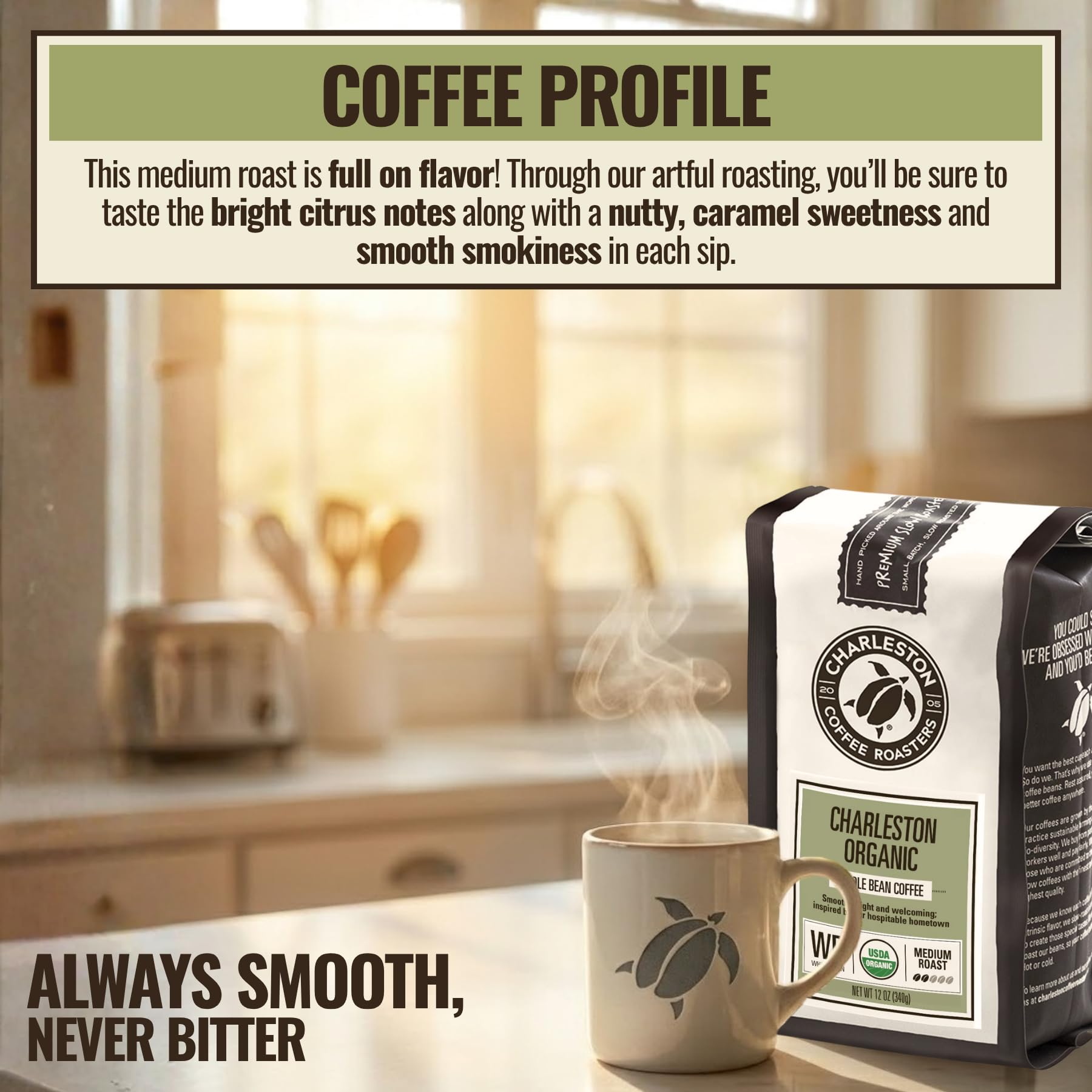 Charleston Coffee Roasters beans in hand showing portion size and quality