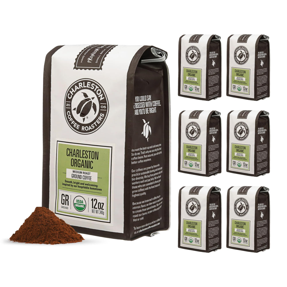 Charleston Coffee Roasters front packaging showing six 12oz bags and brand clarity