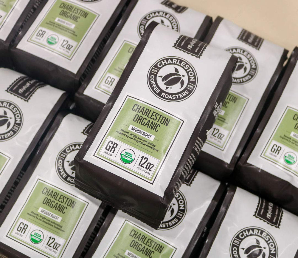 Charleston Coffee Roasters bag seal and roast date detail showing freshness