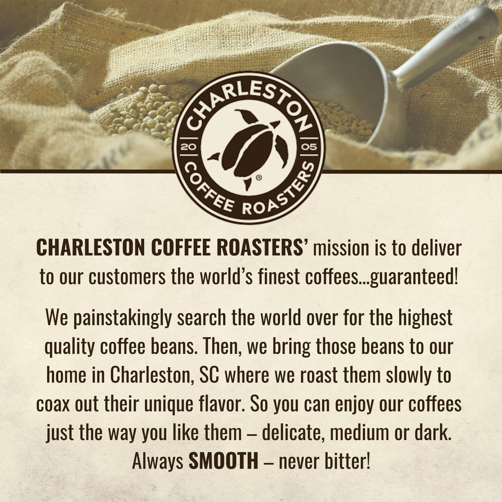 Charleston Coffee Roasters 12oz bag beside a scale to show size and value