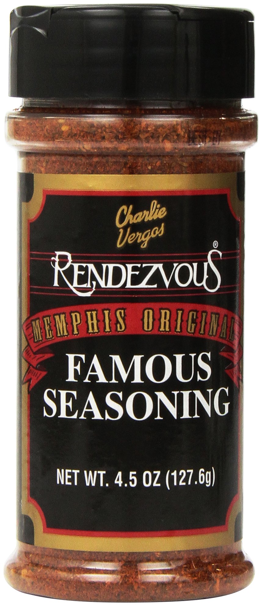 Charlie Vergos Rendezvous front packaging showing bottle and seasoning benefit: authentic Memphis finish