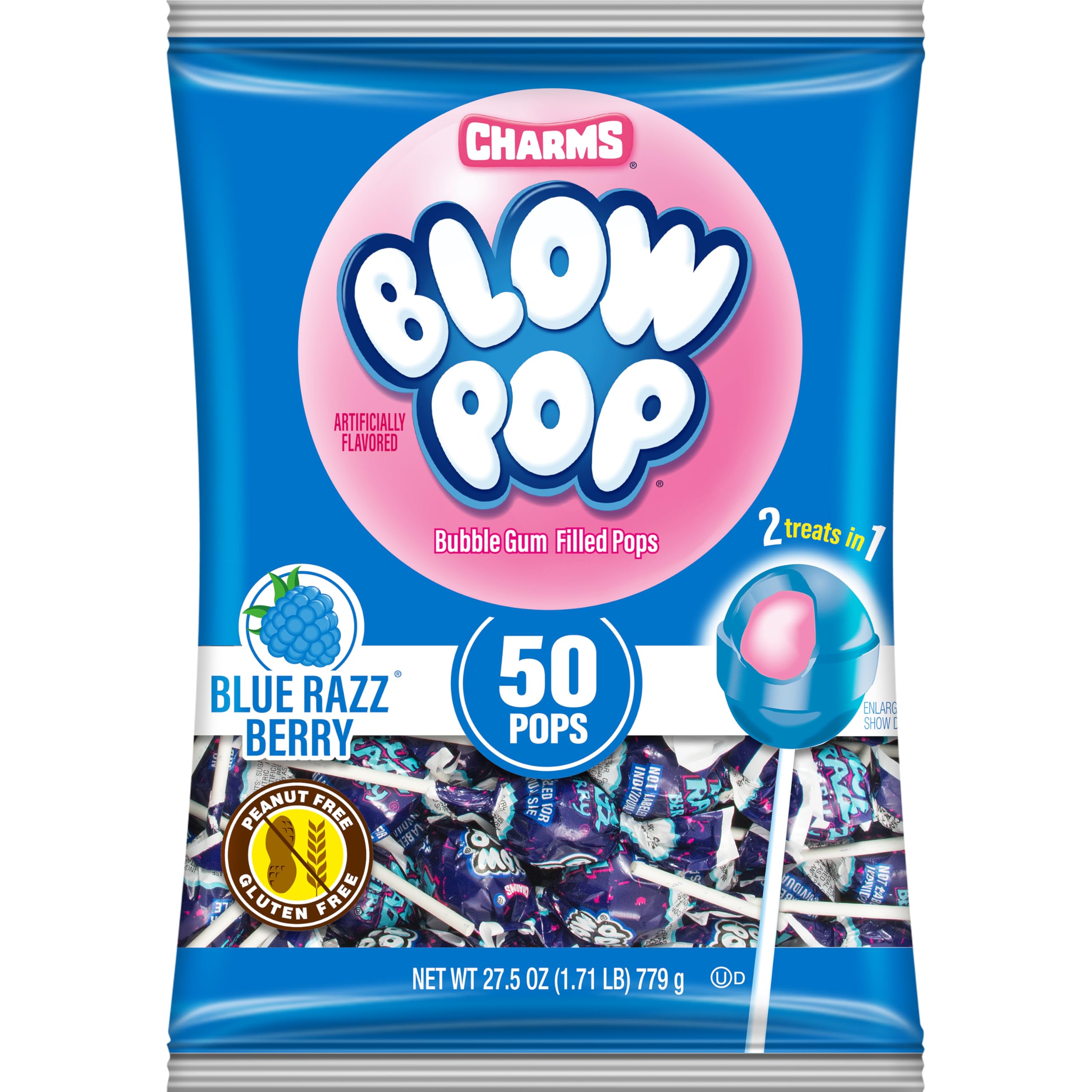 Charms front packaging showing blue raspberry 50-count bag and convenience