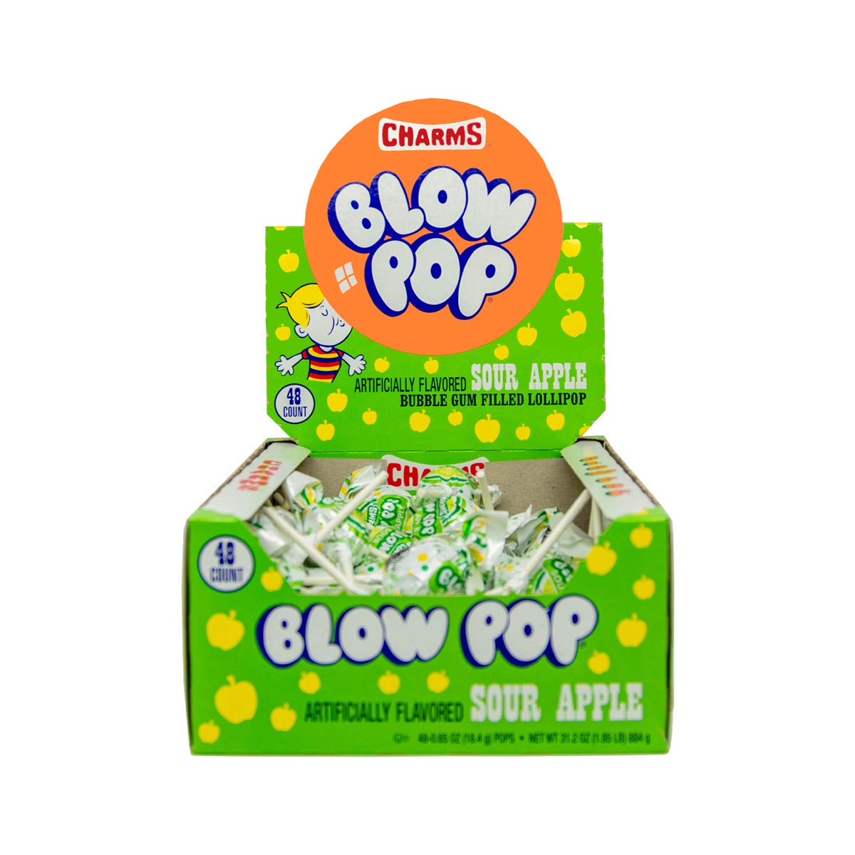 Close image of Tootsie Charms Blow Pop label and nutrition panel, ingredient transparency