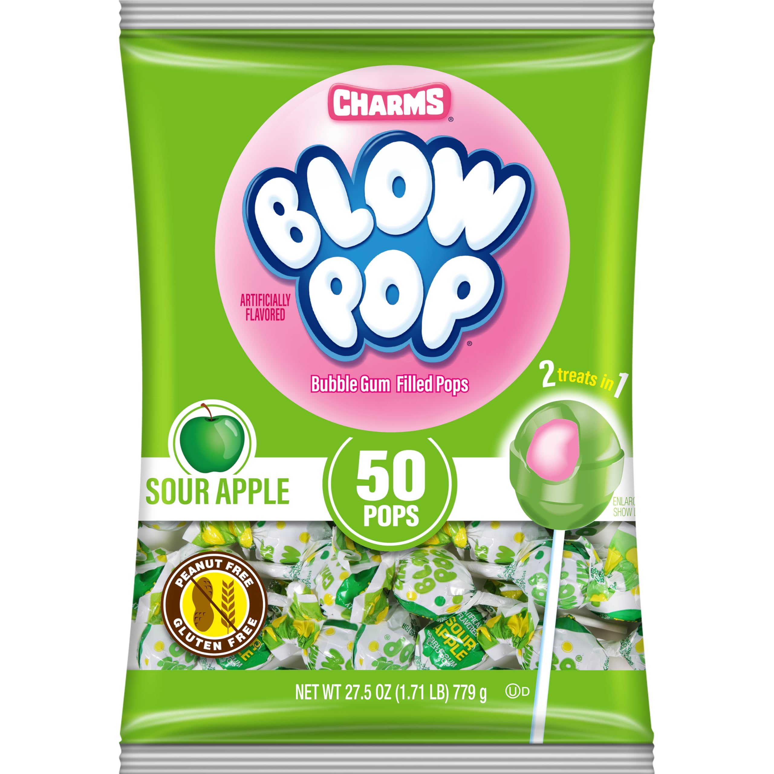 Charms Blow Pop front packaging showing 50-count bag and convenient bulk supply