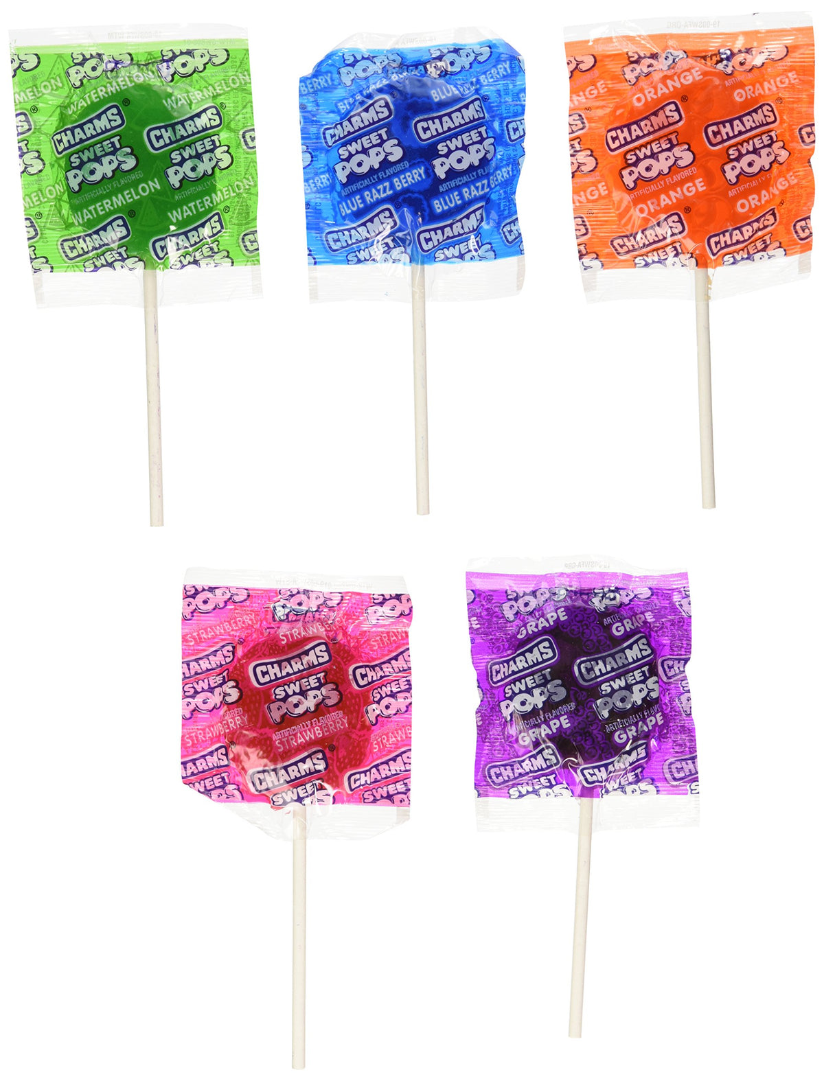 Charms front packaging 48ct case showing colorful assorted pops and brand
