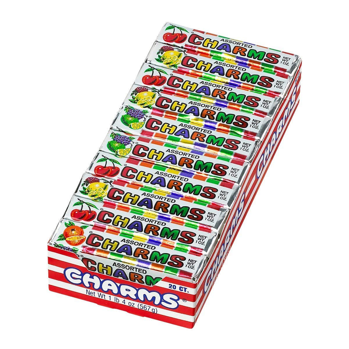 Charms front packaging showing 20-count assortment and bright branding benefit convenience