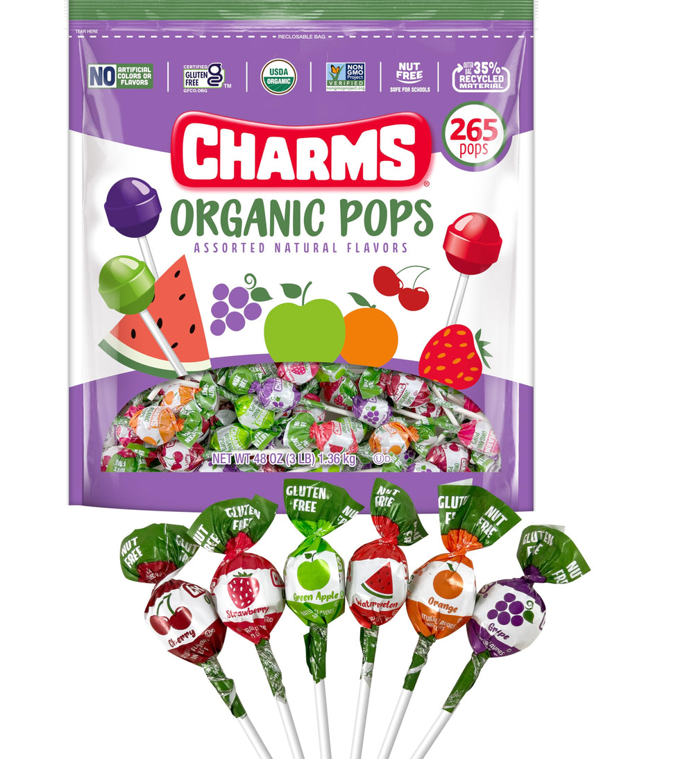 Charms front packaging showing bag branding and organic certification benefits