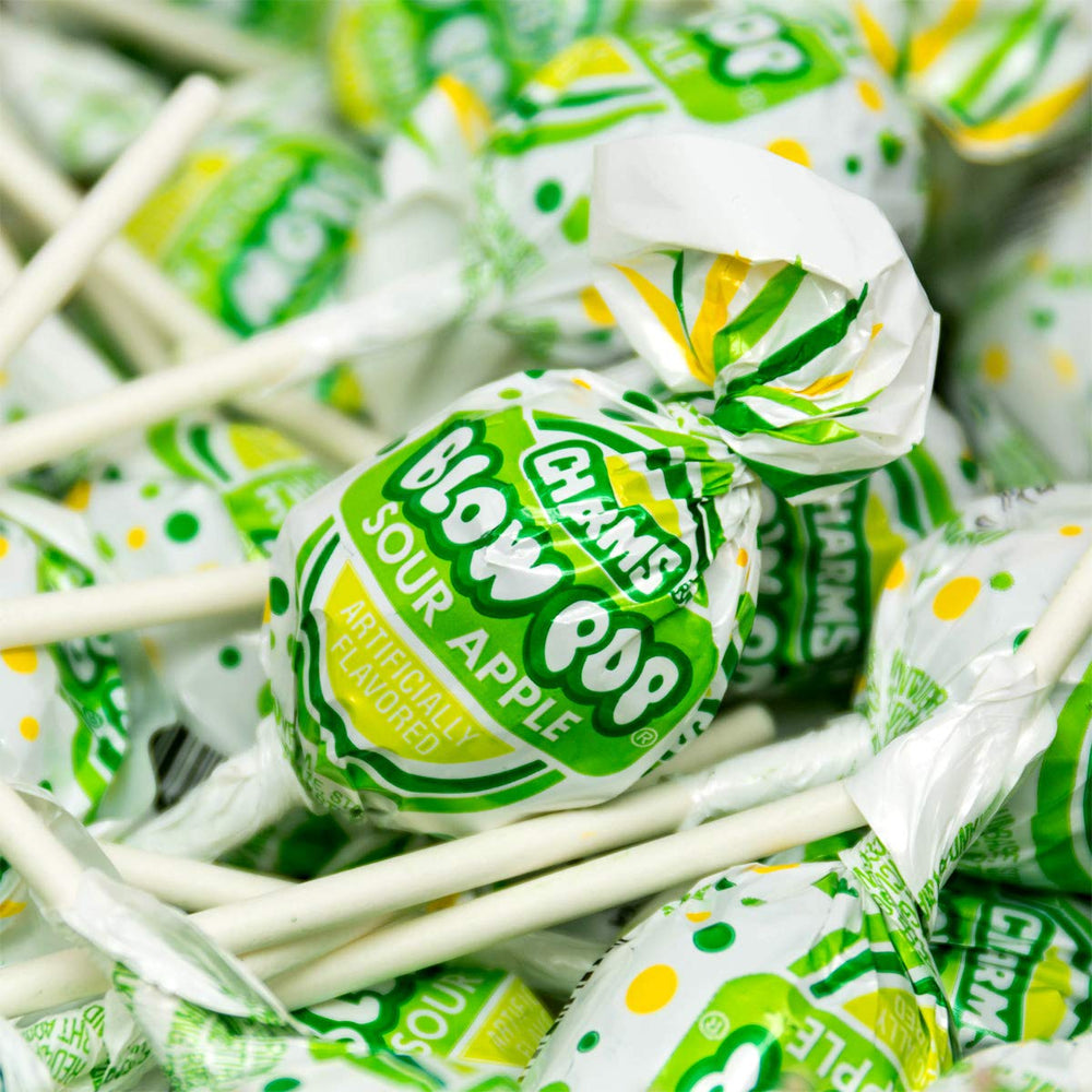 Array of Sour Apple Blow Pops fanned out, variety visual for party-ready servings