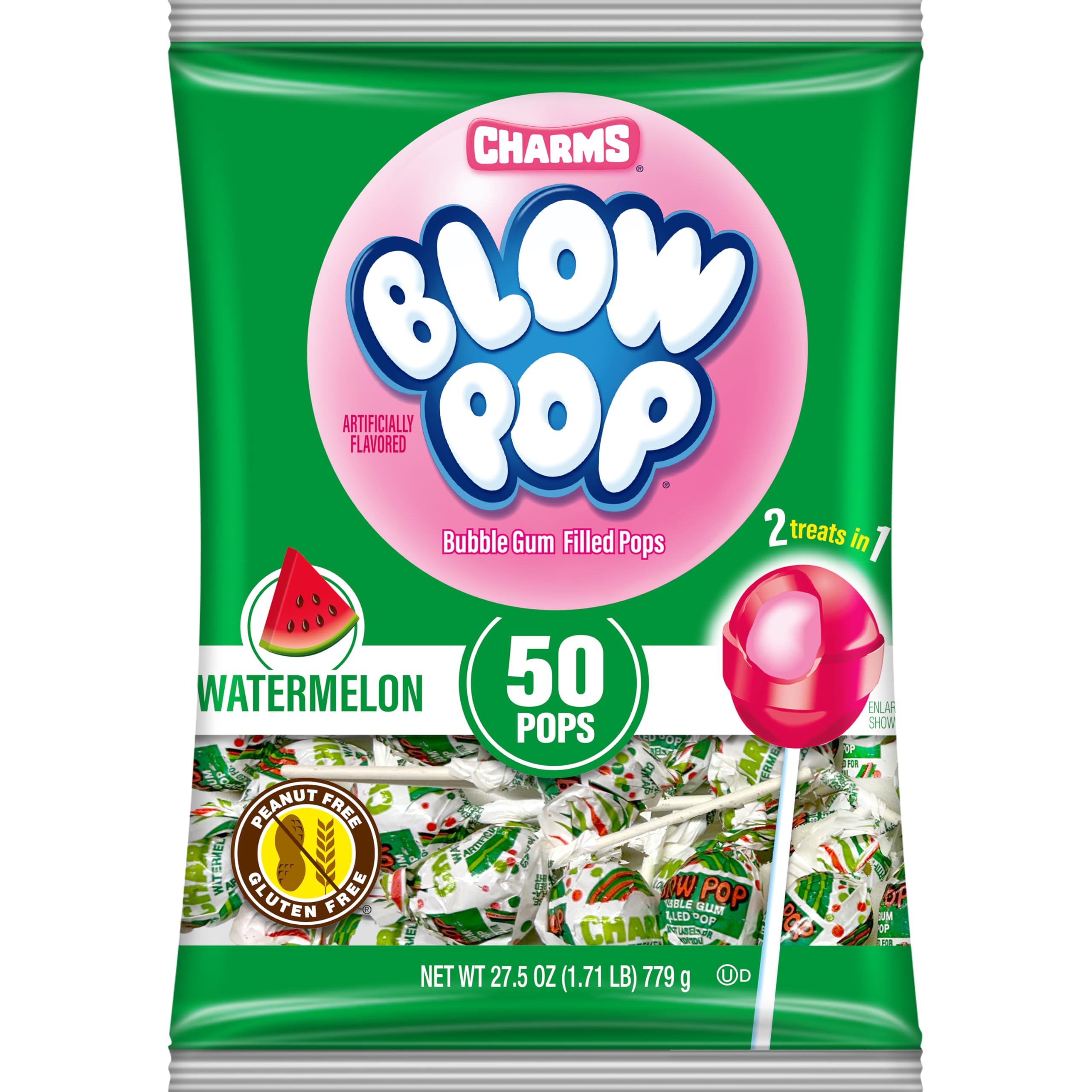 Charms watermelon front packaging showing 50-count bag and easy storage benefit