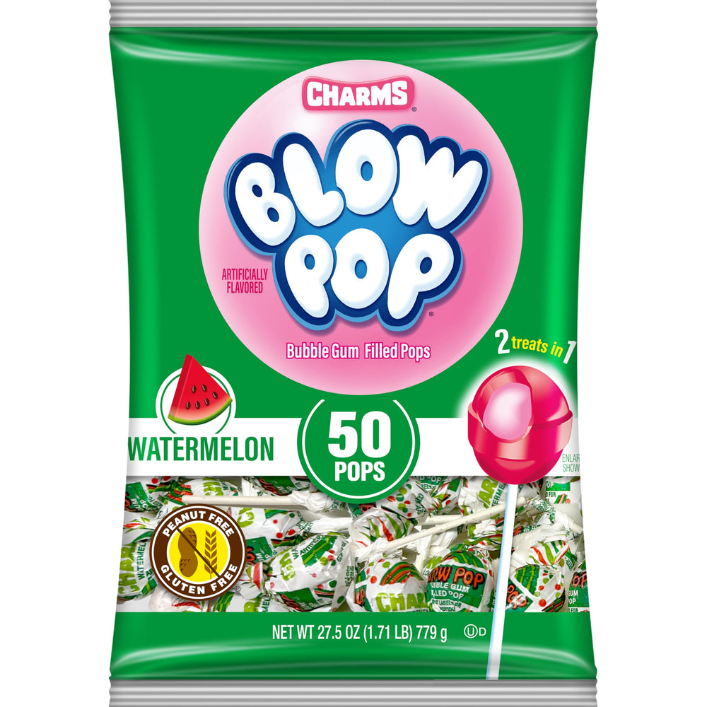 Charms watermelon front packaging showing 50-count bag and easy storage benefit