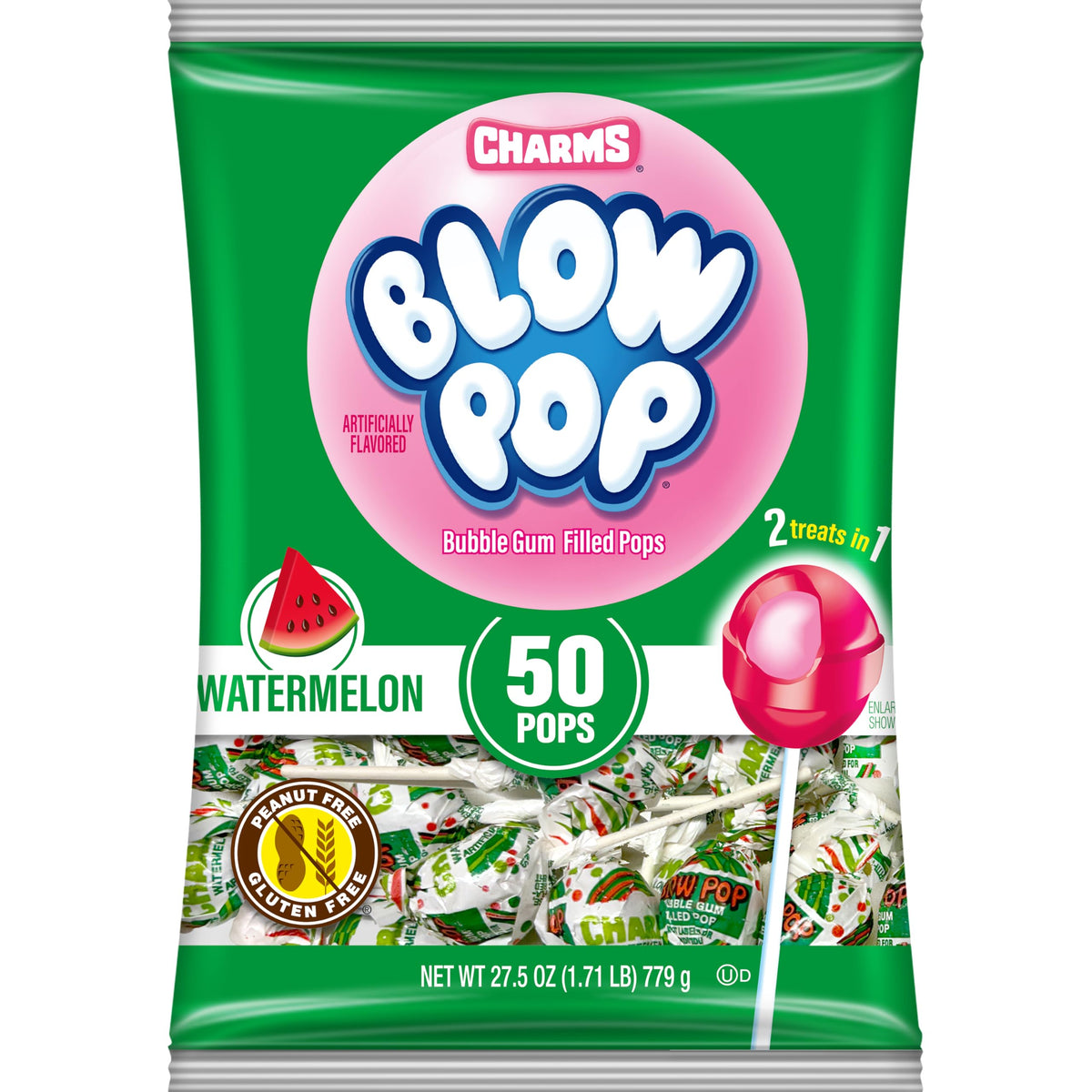 Charms watermelon front packaging showing 50-count bag and easy storage benefit