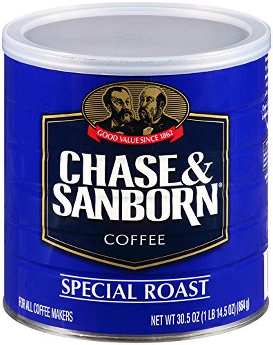 Chase & Sanborn steel can front view showing label and recyclable benefit