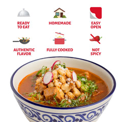 Chata detailed shot of tender pork and hominy showing hearty texture