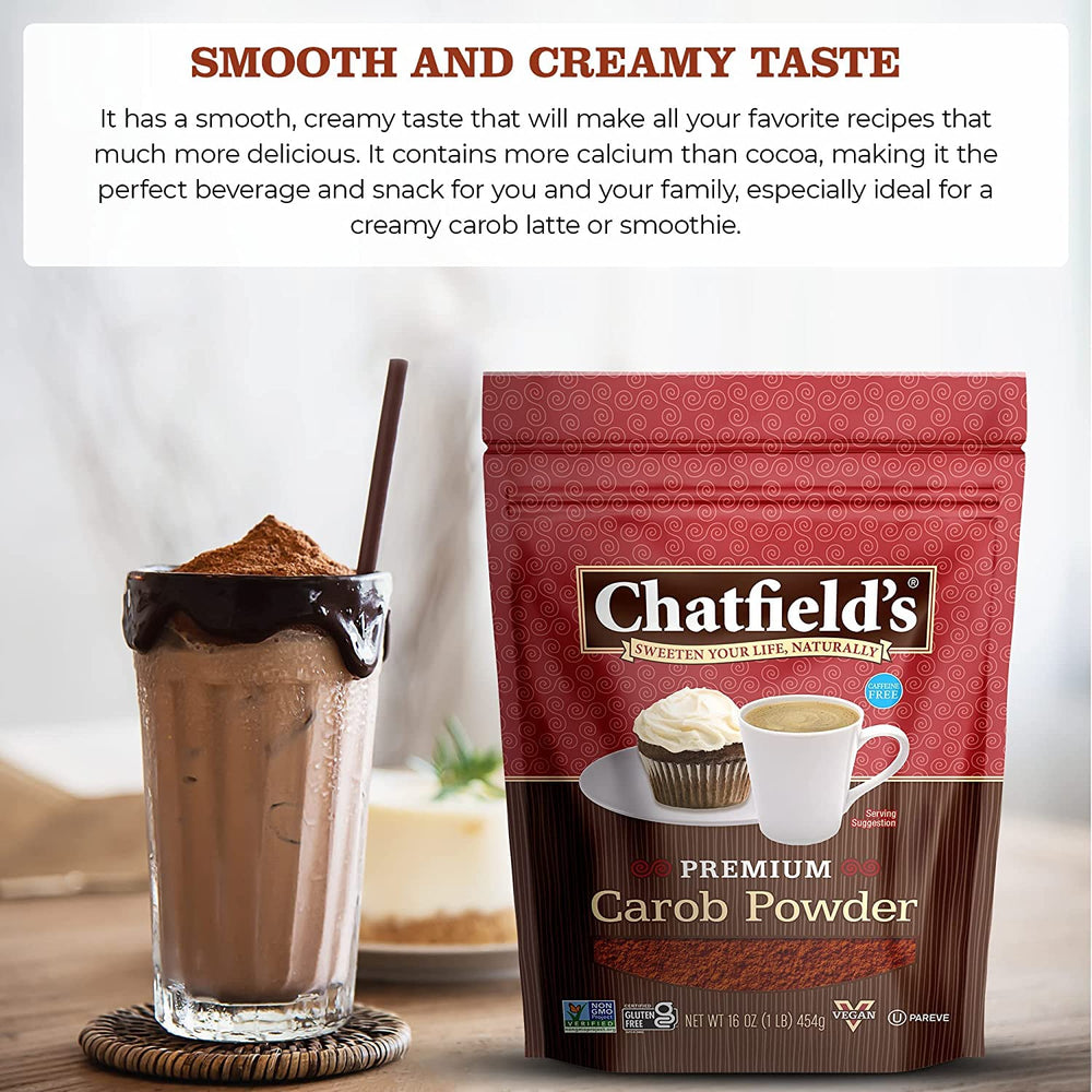 Chatfield's carob powder with baking ingredients highlighting versatile use in recipes