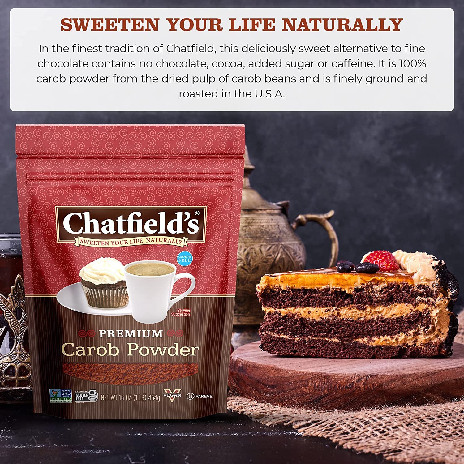 Chatfield's close-up of carob powder texture showing fine grind and smooth mixing benefit