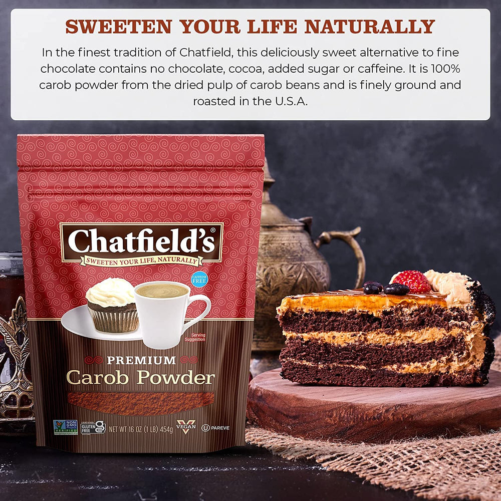 Chatfield's close-up of carob powder texture showing fine grind and smooth mixing benefit