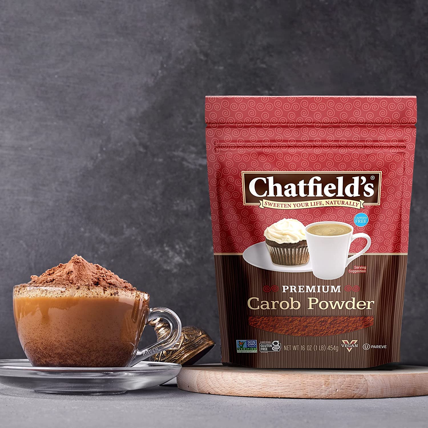 Chatfield's nutrition label and claims display verifying vegan, gluten-free, and non-GMO benefits