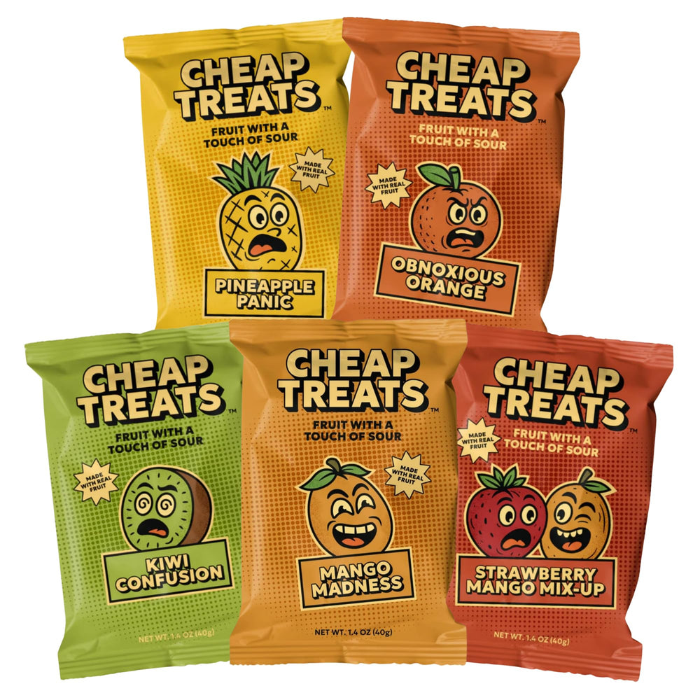 CHEAP TREATS front packaging showing 20 tropical variety sour bite bags for easy stocking