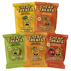 CHEAP TREATS front packaging showing 20 tropical variety sour bite bags for easy stocking