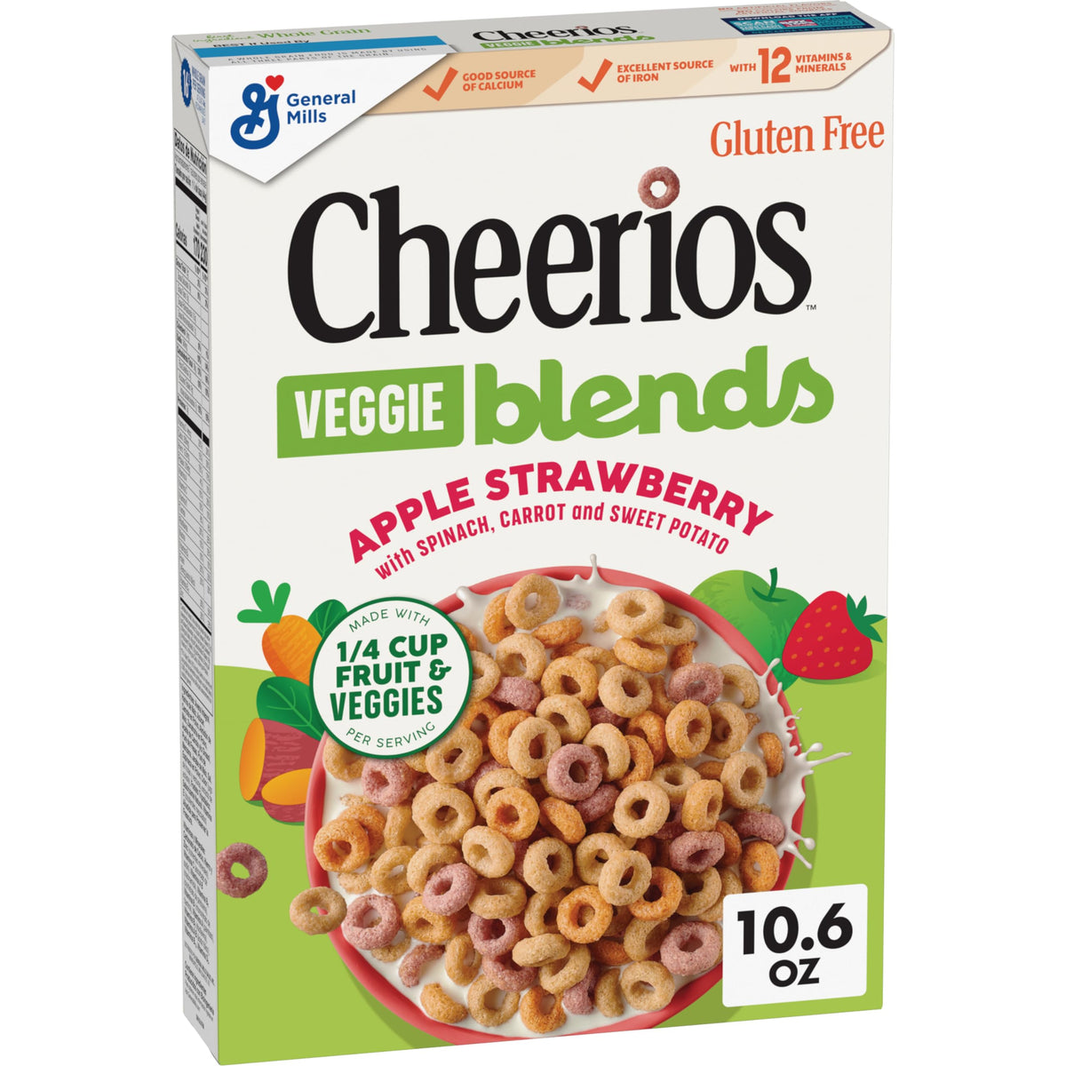 Cheerios Veggie Blends front pack showing apple strawberry flavor and benefits