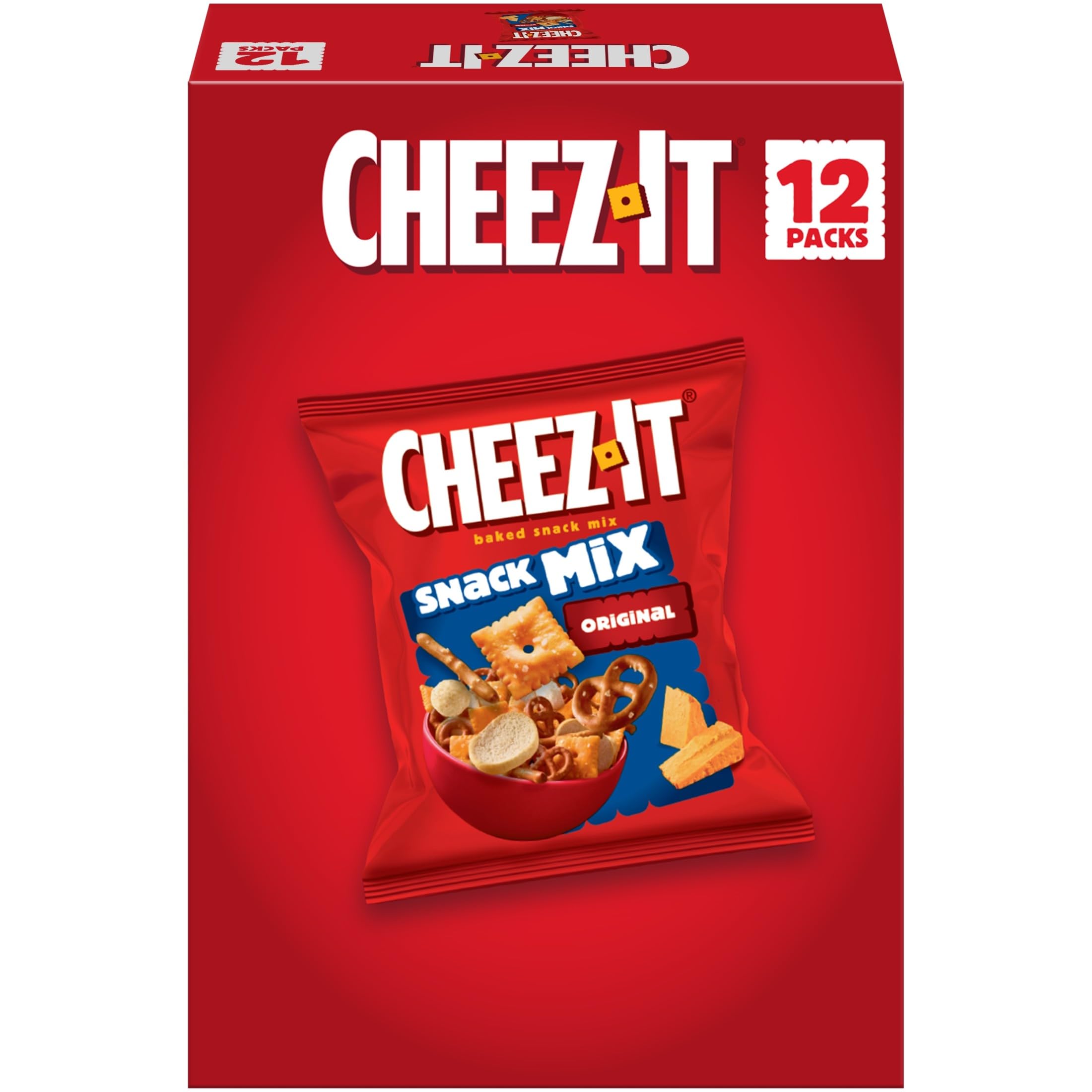 Cheez-It front packaging showing 9oz caddy box and 12 pouches for convenience