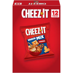 Cheez-It front packaging showing 9oz caddy box and 12 pouches for convenience