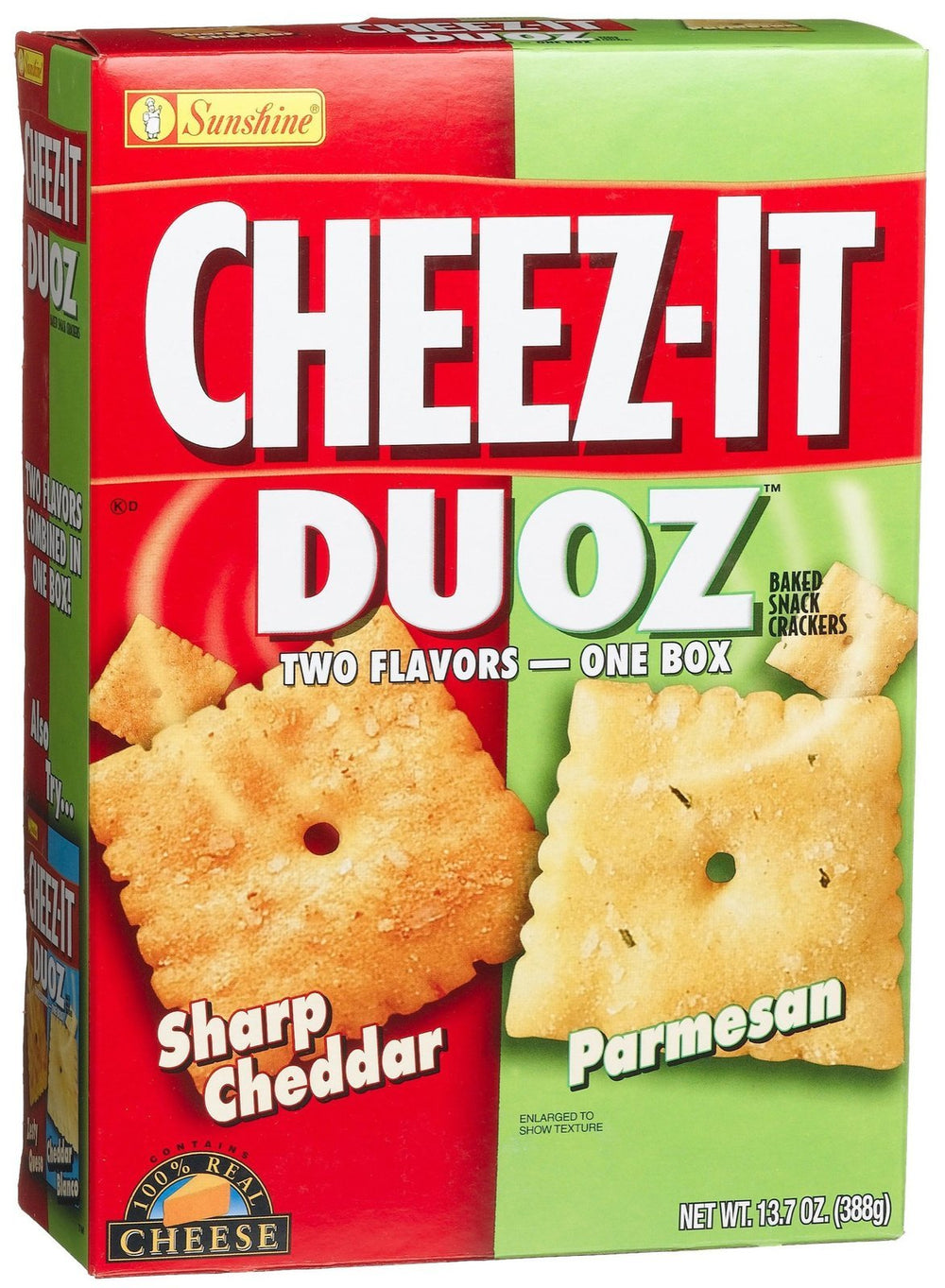 Cheez-It Duoz front packaging showing sharp cheddar and Parmesan, offering bold dual-cheese flavor