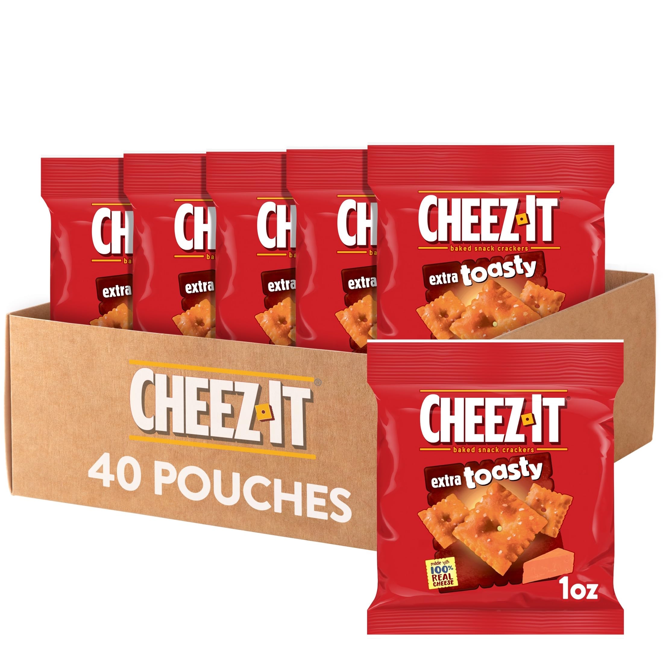 Cheez-It front packaging showing 40 pouches and brand visibility for easy storage