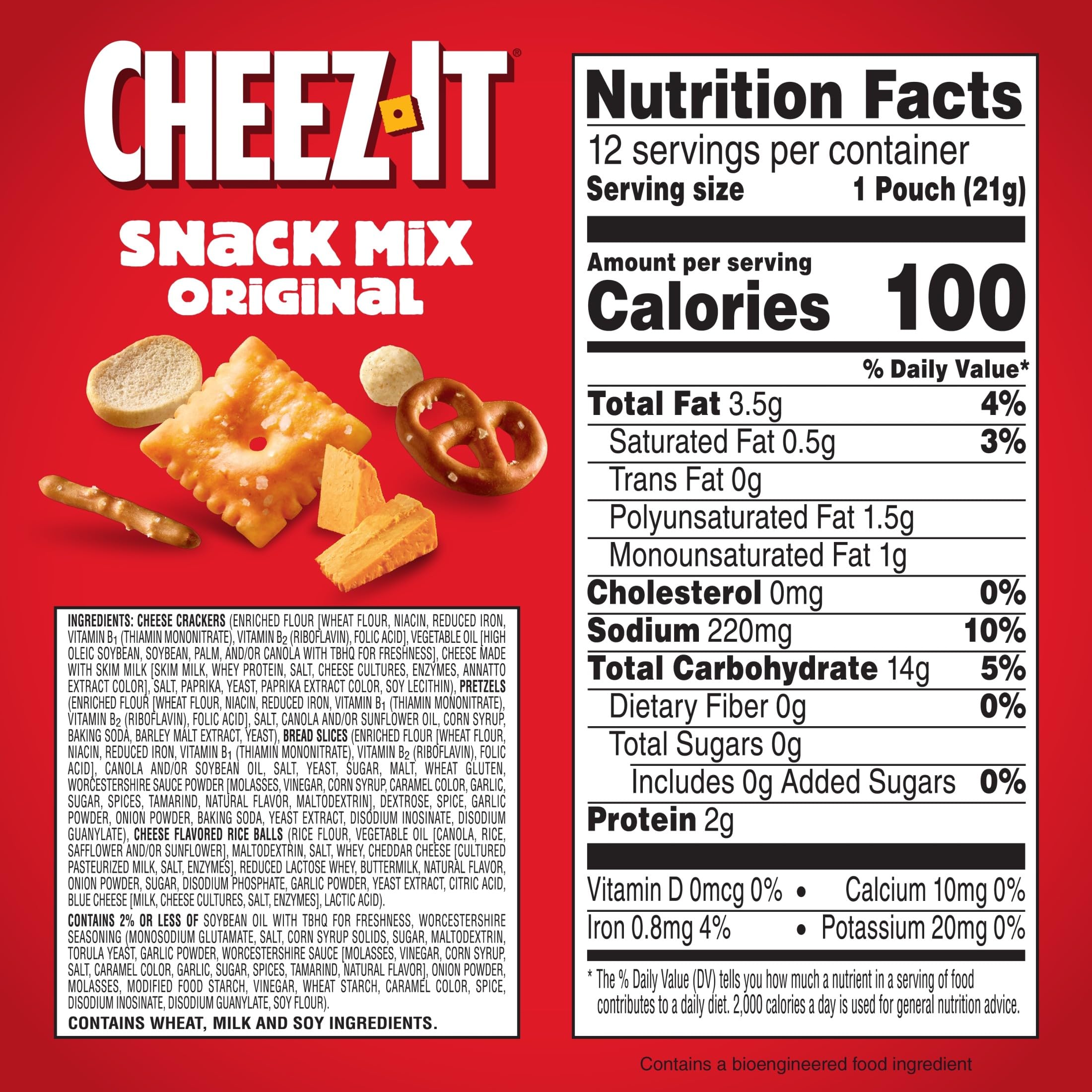 Cheez-It open pouch top view revealing mixed crackers and pretzels for variety