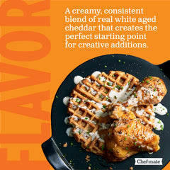 Chef-mate label detail highlighting real cheddar and ingredient clarity