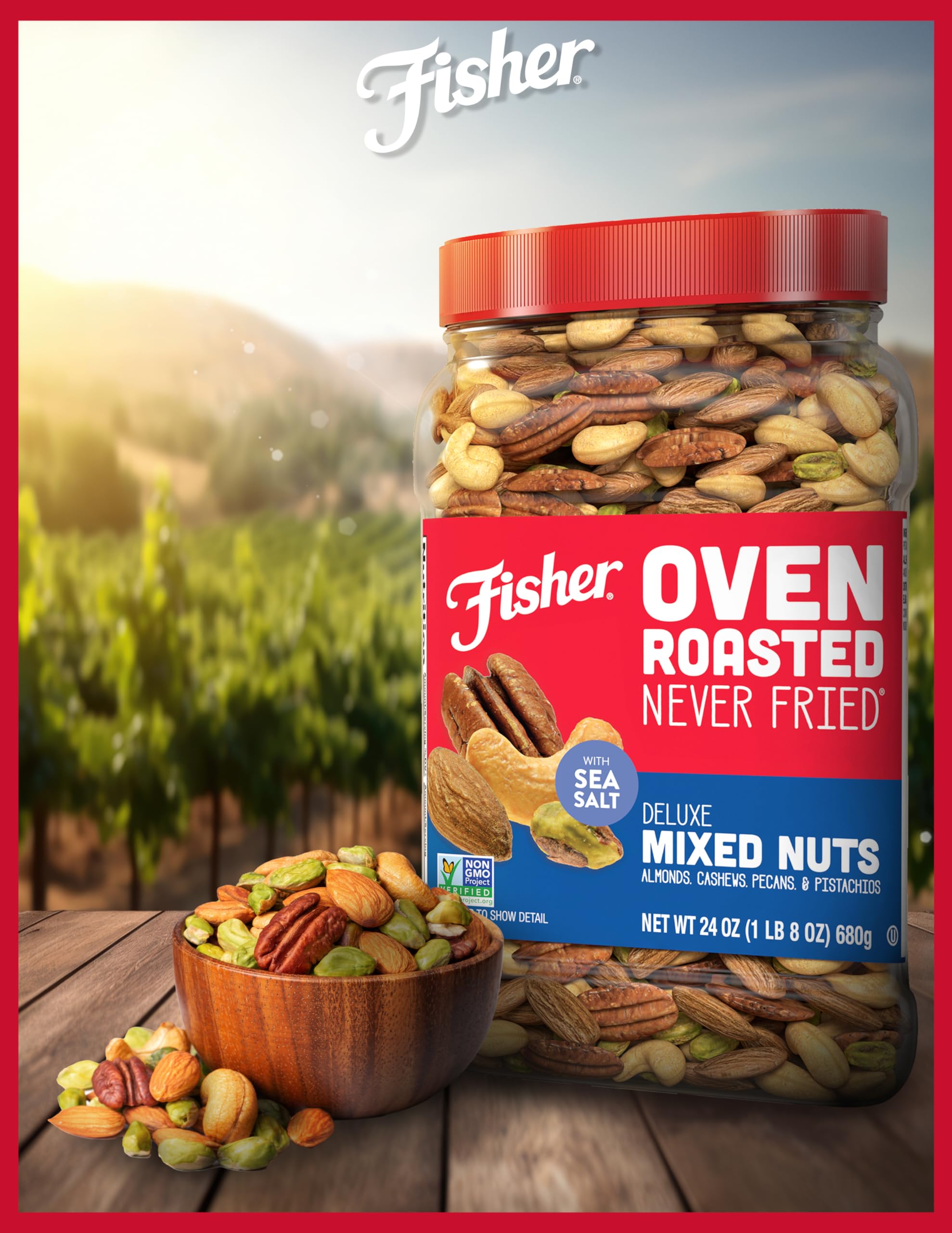 CHEF'S NATURALS Fisher canister beside common objects for scale, shows 24-ounce portion benefit